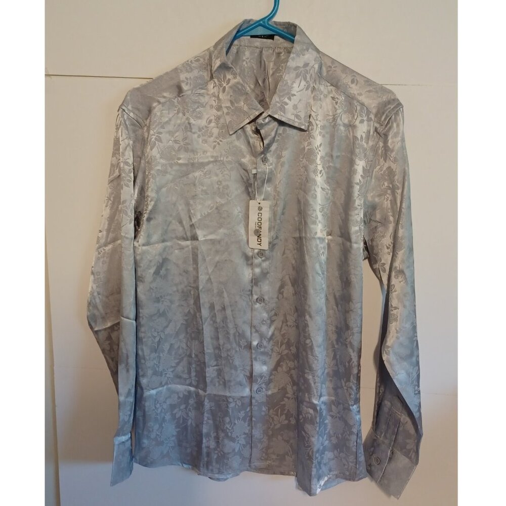 Coofandy Mens Grey Floral Long Sleeve Button Dress Shirt Prom Wedding Party Sz S